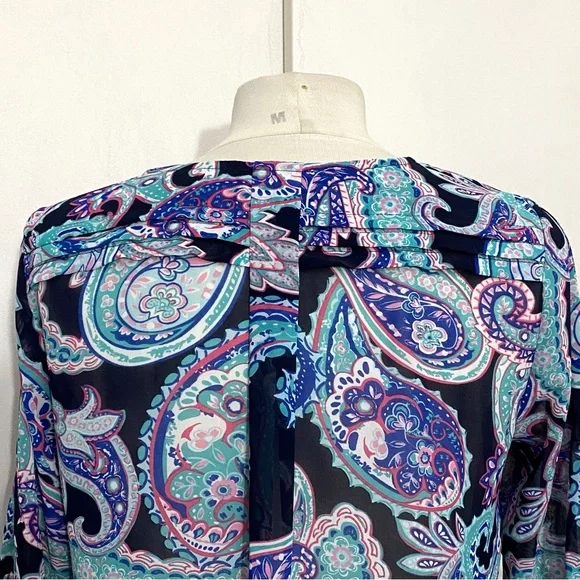 SKIES ARE BLUE paisley print sheer polyester ruched sleeves tuck shoulder top S - Picture 5 of 8